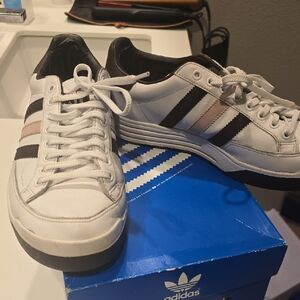 adidas White Sneakers with Black and Light Pink Stripes